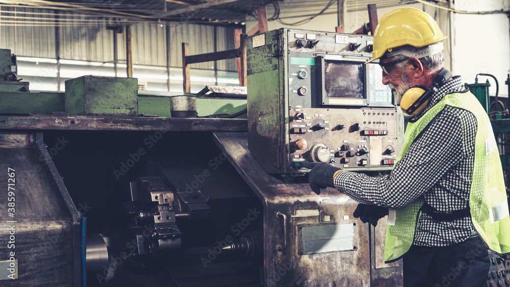 Poster smart factory worker using machine in factory workshop . industry and engineering concept.