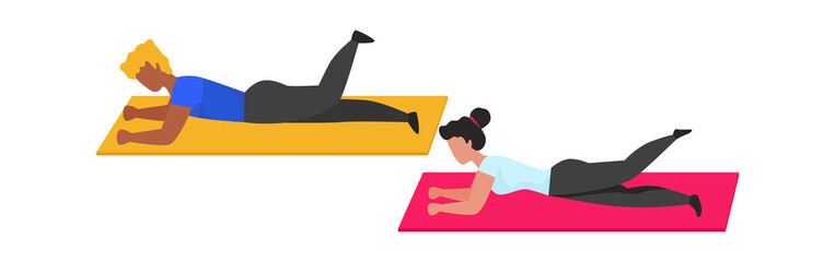 Gym exercises. Cartoon man and woman doing sport actions on gymnastic mat. People lie and wave legs. Pilates yoga training advertising, fitness center template. Vector workout isolated illustration