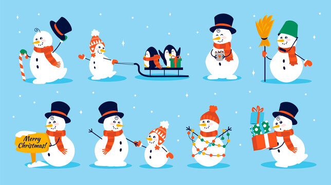 Snowman character. Cartoon collection of cute Christmas snowmen in different costume with gloves scarf and winter hat for festive kids illustration and greeting cards happy xmas holiday vector set