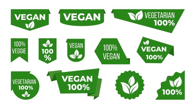 Vegan green ribbons and banners. Veggie tags and stickers with leaves graphic design template. Vegetarian eco food natural emblems, vector logo labels for vegetable product shop, restaurant and cafe