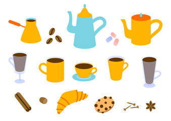Coffee set with sweets and spices - coffee pots, cezve, mugs, cup, glasses, croissant, marshmallows, cookies with chocolate chips, star anise, cinnamon, cloves, nutmeg, coffee beans isolated on white
