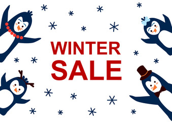 Family of funny penguins with place for text - horizontal banner for winter holidays design