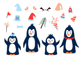 Family of penguins with holiday acctssories isolated on white - mom, dad, son and daughter - set of characters for winter Christmas and New Year design