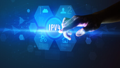 Hand touching IPV4 inscription, new technology concept