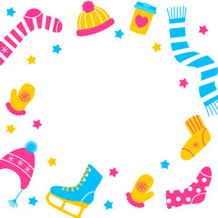 Frame with elements for winter design on white background - knitted socks, stockings, knee socks, woolen hats, mittens, scarf, skates and cup of drink