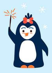 Penguin girl with sparkler- funny character for Christmas and New Year holiday design