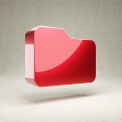 Folder icon. Red glossy metallic Folder symbol isolated on white concrete background.