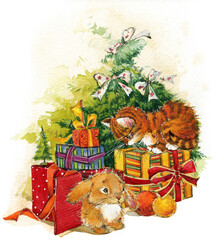 New Year. Christmas tree and cute kitten background. 