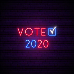 Vote 2020 neon signboard. Bright glowing checkmark, vote symbol. Presidential Election 2020 in USA. Stock vector illustration.
