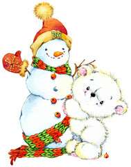 Happy New Year card. Cute white teddy bear. Christmas illustration