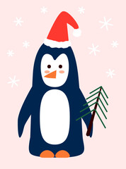 Penguin in Santa Claus hat with Christmas tree - character for funny Christmas and New Year design