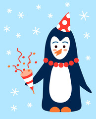 Penguin in holiday cap hold cracker with confetti - funny character for New Year and Christmas party design