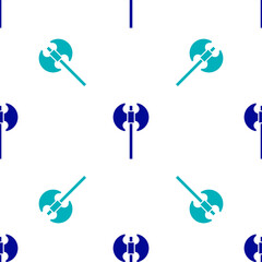 Blue Medieval axe icon isolated seamless pattern on white background. Battle axe, executioner axe. Medieval weapon. Vector.