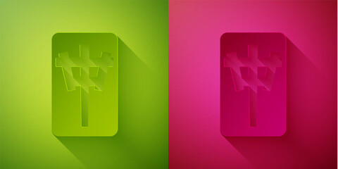 Paper cut Mahjong pieces icon isolated on green and pink background. Chinese mahjong red dragon game emoji. Paper art style. Vector.