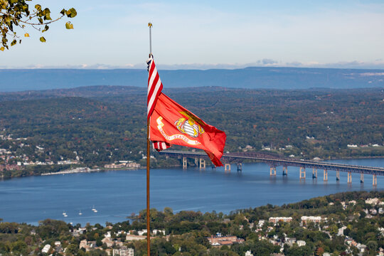 View of the Newburgh-Beacon Bridge crossing the Hudson River from Mount Beacon. Beautiful clear afternoon. 