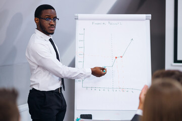 staff gathered in the meeting room for training. Afro-American leader of a leading corporate team during a training seminar in a modern office.