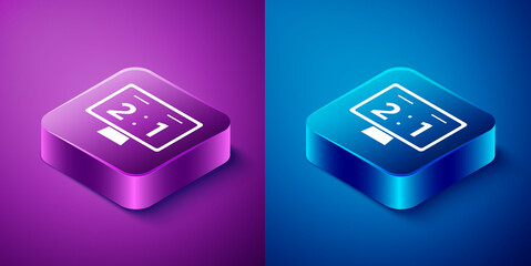 Isometric Sport mechanical scoreboard and result display icon isolated on blue and purple background. Square button. Vector.