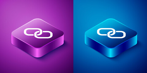 Isometric Chain link icon isolated on blue and purple background. Link single. Hyperlink chain symbol. Square button. Vector.