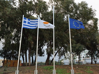 flags of Greece, Cyprus and European Union  on the wind