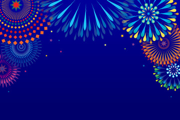 Vector illustration of a festive colorful fireworks display  at night scene for holiday and celebration background design. - obrazy, fototapety, plakaty