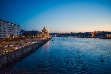 Hungarian parliament side view at dusk, Budapest, Hungary