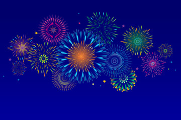 Fototapeta premium Vector illustration of a festive colorful fireworks display at night scene for holiday and celebration background design.