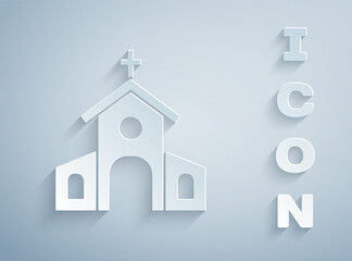 Paper cut Church building icon isolated on grey background. Christian Church. Religion of church. Paper art style. Vector.