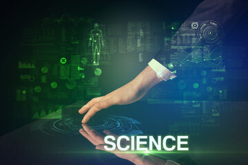 Businessman touching huge display with SCIENCE inscription, modern technology concept