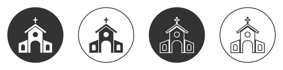 Black Church building icon isolated on white background. Christian Church. Religion of church. Circle button. Vector.