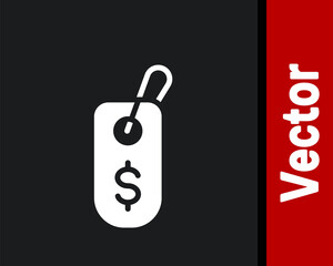 White Price tag with dollar icon isolated on black background. Badge for price. Sale with dollar symbol. Promo tag discount. Vector.