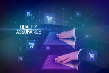 Online shopping with QUALITY ASSURANCE inscription concept, with shopping cart icons