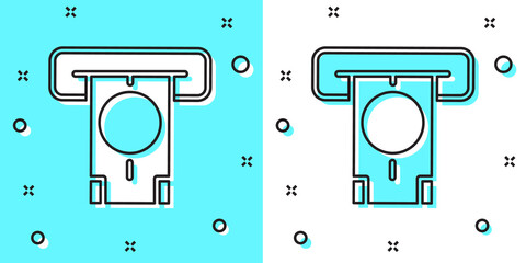 Black line ATM - Automated teller machine and money icon isolated on green and white background. Random dynamic shapes. Vector.