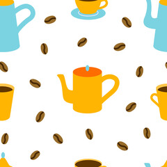 Seamless pattern with cup of coffee, coffee pot and beans on white background