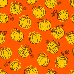 seamless pattern with yellow pumpkin with leaf on orange background. hand drawn vector. modern scribble for kids, wallpaper, greeting, backdrop, fabric, cover, wrapping paper and gift. drawn with pen.