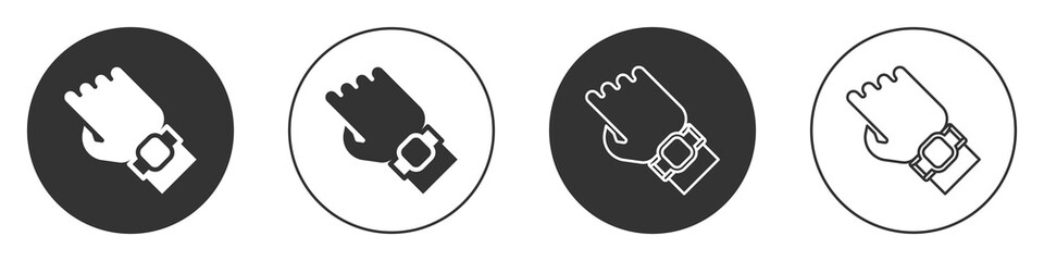 Black Smart watch on hand icon isolated on white background. Fitness App concept. Circle button. Vector.