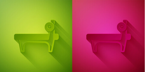 Paper cut Bench with barbel icon isolated on green and pink background. Gym equipment. Bodybuilding, powerlifting, fitness concept. Paper art style. Vector.