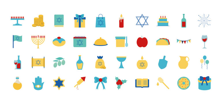 Hanukkah and jewish flat style symbol set vector design
