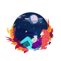 Autumn concept women sitting at the window drinking te coffee, autumn leaves	
