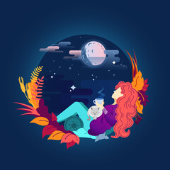 Autumn concept women sitting at the window drinking te coffee, autumn leaves	
