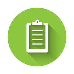 White Sport training program or fitness plan icon isolated with long shadow. Green circle button. Vector.