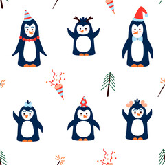 Seamless pattern with funny penguins - child background for winter Christmas and New Year holidays design