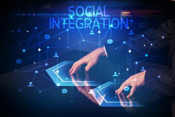 Navigating social networking with SOCIAL INTEGRATION inscription, new media concept