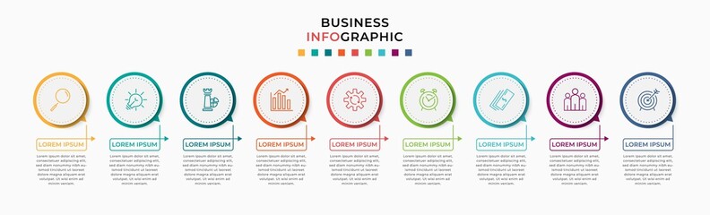 Vector Infographic design template with icons and 9 nine options or steps. Can be used for process diagram, presentations, workflow layout, banner, flow chart, info graph.