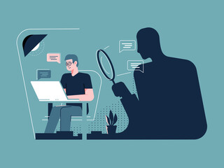 Internet stalking illustration concept. Person sitting on a computer in his office while a stalker is watching him from the shadow without being noticed. 