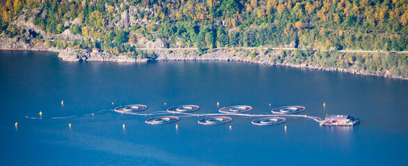 Salmon Fish farm in fjord next to montains - North Sea Bergen / Stavanger Norway