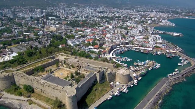 Kyrenia (Girne) castle and harbour - North Cyprus aerial view sunny weather in May 2019