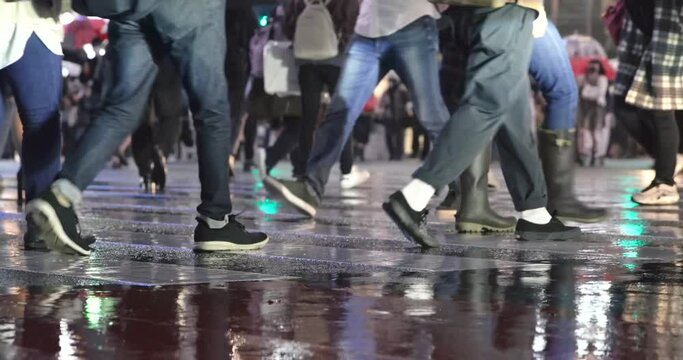 東京・渋谷のスクランブル交差点の雑踏(雨・夜の町) / 4K