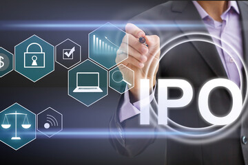 IPO (Initial Public Offering) finance business concept. Businessman touched ipo icon on virtual trading screen. Financial trade exchange investment and strategy technology