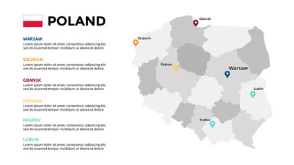 Poland vector map infographic template. Slide presentation. Warsaw, Krakow, Gdansk, Szczecin, Poznan, Lublin. Color Europe country. World transportation geography data. 