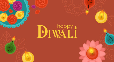 Diwali Hindu festival concept with diya lamps and candles. Vector illustration